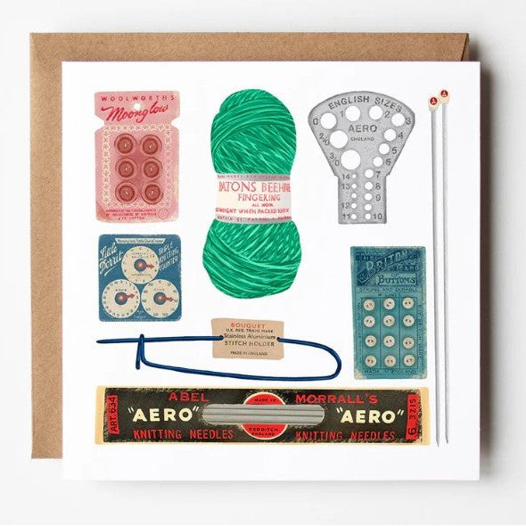 Card with illustrations of yarn, knitting needles, and vintage knitting supplies on a white background