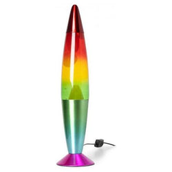 A lava lamp in colours red, yellow, green and purple on a white background.
