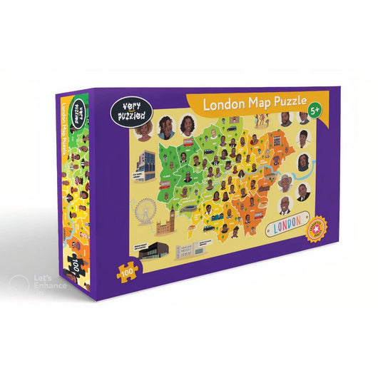  A purple box of the London Map Puzzle with yellow, green and orange details in the map.