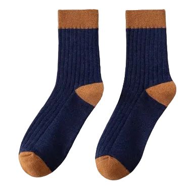 Pair of navy socks with brown accents on a white background