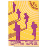 An illustration of purple shadows of five people using a camera. The background is yellow and on the right top with red font it reads "Film & print service." At the bottom in purple font it reads "Durbin & McBryde, North End, Croydon."