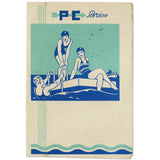 An illustration of two women in vintage swimsuits sitting on a dock in the sea. A man is climbing up to it. The illustration background is in white and shades of blue.