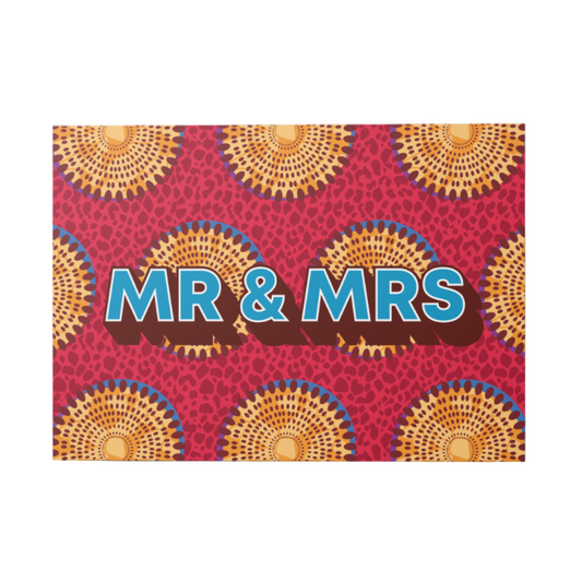 Card with 'MR & MRS' text on a colorful patterned background