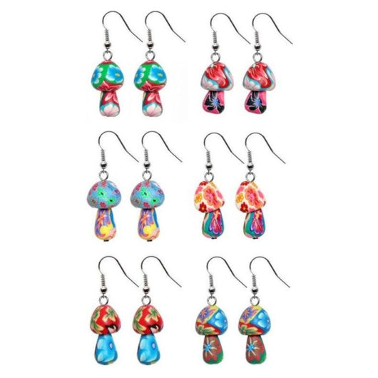 Six pairs of psychedelic mushroom earrings.