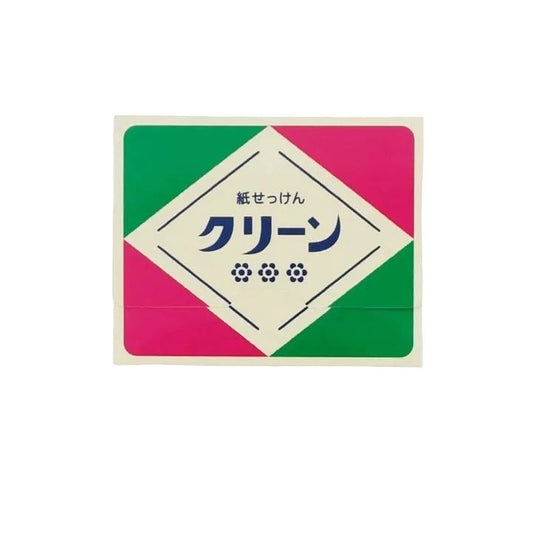 Rectangular soap packaging with colorful border and Japanese text on a white background