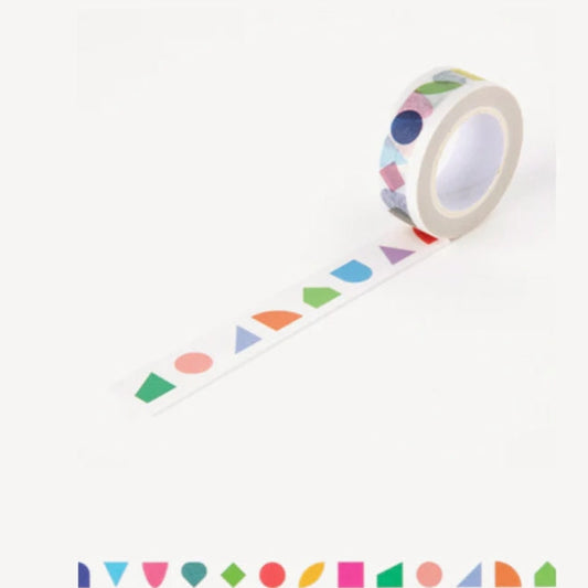 Colorful washi tape with geometric shapes on a white background