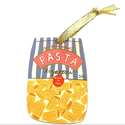 Pasta bag with striped pattern and gold ribbon on a white background