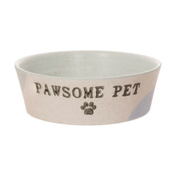 A dog bowl on a white background. In the front of the bowl, it reads 