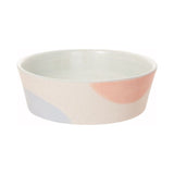 A white gray dog bowl with light pastel blue and salmon colours.