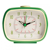 The front of a green retro alarm clock. The numbers are green and the clock hands are green. The background is cream and details are in red, green and black. The button to stop the alarm is cream.