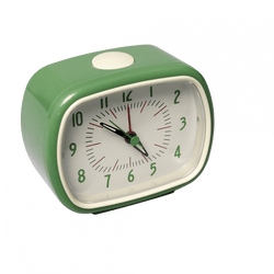 A green retro alarm clock on the side. Details are cream and red.