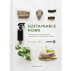 A white book cover with photos of different home utensils such as a glass container and a spray bottle. In the middle with big green font it reads 