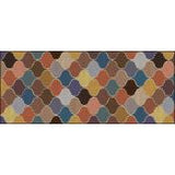 A paper roll pattern of bricks in colours pink, brown, beige, light blue, navy blue, white, grey, black, yellow and orange.