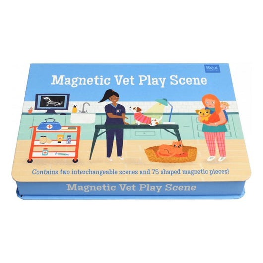 A blue box containing a Magnetic Vet Play Scene. The front of the box features an illustration of a veterinary clinic with a cat resting on a mat, a dog being inspected by a vet and a woman carrying a small dog and a child.