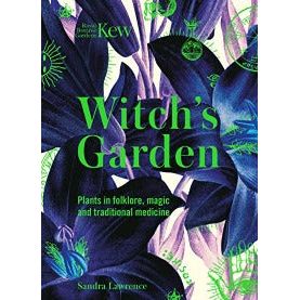 A book cover with illustrations of navy blue flowers with purple details. In the middle in green font it reads "Witch's Garden" and below in small green font "Plants in folklore, magic and traditional medicine."