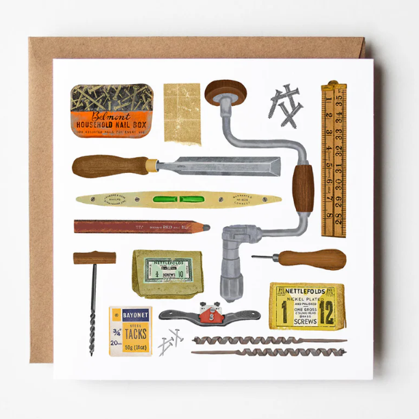 Illustrated card with vintage tools and hardware on a white background