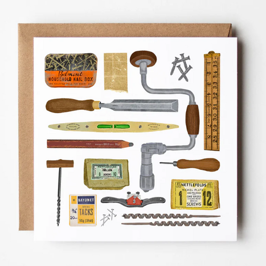 Illustrated card with vintage tools and hardware on a white background