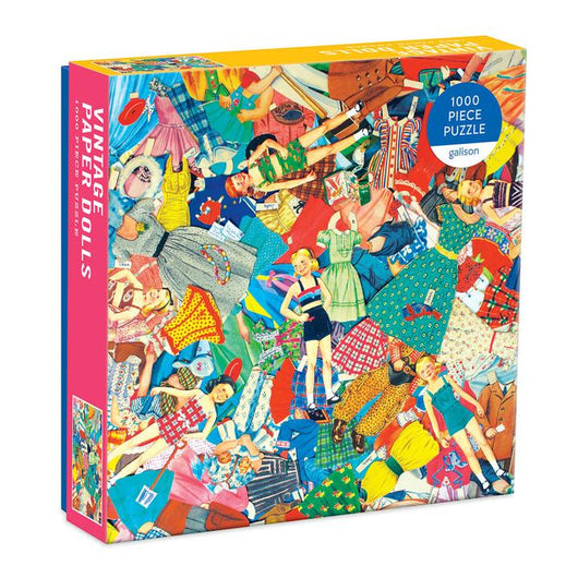 Jigsaw puzzle box labelled 'vintage paper dolls'. Image on the box shows colourful clothes and paper dolls in a vintage style. Label reads '1000 piece puzzle'. 