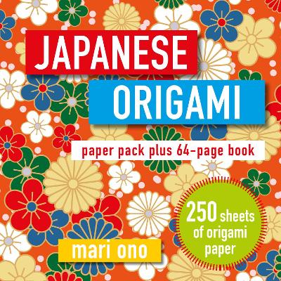 A colorful book cover with and orange background and flowers in different sizes and colors, including white, green, blue and yellow. On a red rectangle white text it reads: "Japanese", and on a blue rectangle and white text it reads: "Origami". On a white rectangle with red text reads: "paper pack plus 64-page book." Inside a green circle in the left lower side it reads: "250 sheets of origami paper" with white text.