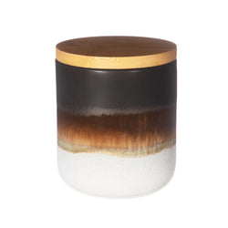 Black mojave glaze canister with bamboo lid. Canister is in an ombre from black to white. 