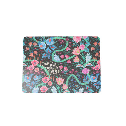 Other table mat from set; black backrgound and pink, red and blue flowers with green stems and swirled lines. 