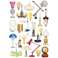 Print with  imagery of 24 different types of lighting throughout time. From candles to 21st century electric lamps.