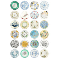 Print with 24 plate design. Plates vary widley in pattern and black, white, blue, orange, yellow and green are common colours throughout.