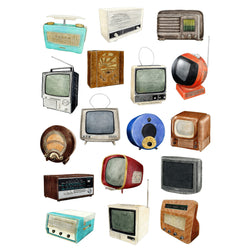 Print with imagery of 17 different types of televisions and radios throughout time.