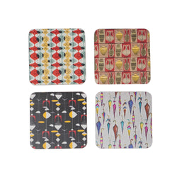 4 coasters. Top left; atomic structure, red, yellow, green ovoid shape pattern. Top right; yellow, red and green vase pattern, bottom left; black background with mobile design, Bottom right; grey background, umbrella illustration pattern. 