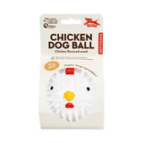 White dog toy; the toy is a ball with colourful details to look like a chicken. Text on packaging reads 'chicken dog ball - chicken flavored scent'.