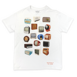White T-shirt with imagery of 17 televisions and radios throughout time with orange Museum of the Home logo in bottom right corner. 