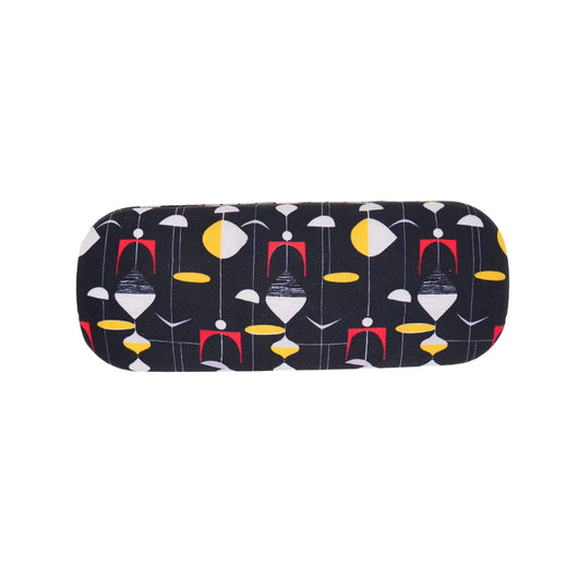 Glasses case with black backround and mid-century yellow, red and white hanging mobile design. 