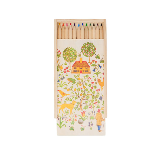 Set of wooden colouring pencils; front cover of the wooden box is printed with 'The House That Jack Built' print featuring plants, a house and animals all in an illustration style.