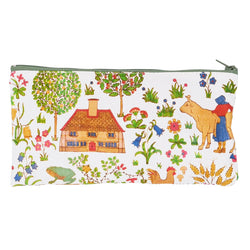 White zip up pencil case with The House That Jack Built print. The print features drawings of a house, trees, plants and a woman next to cow.