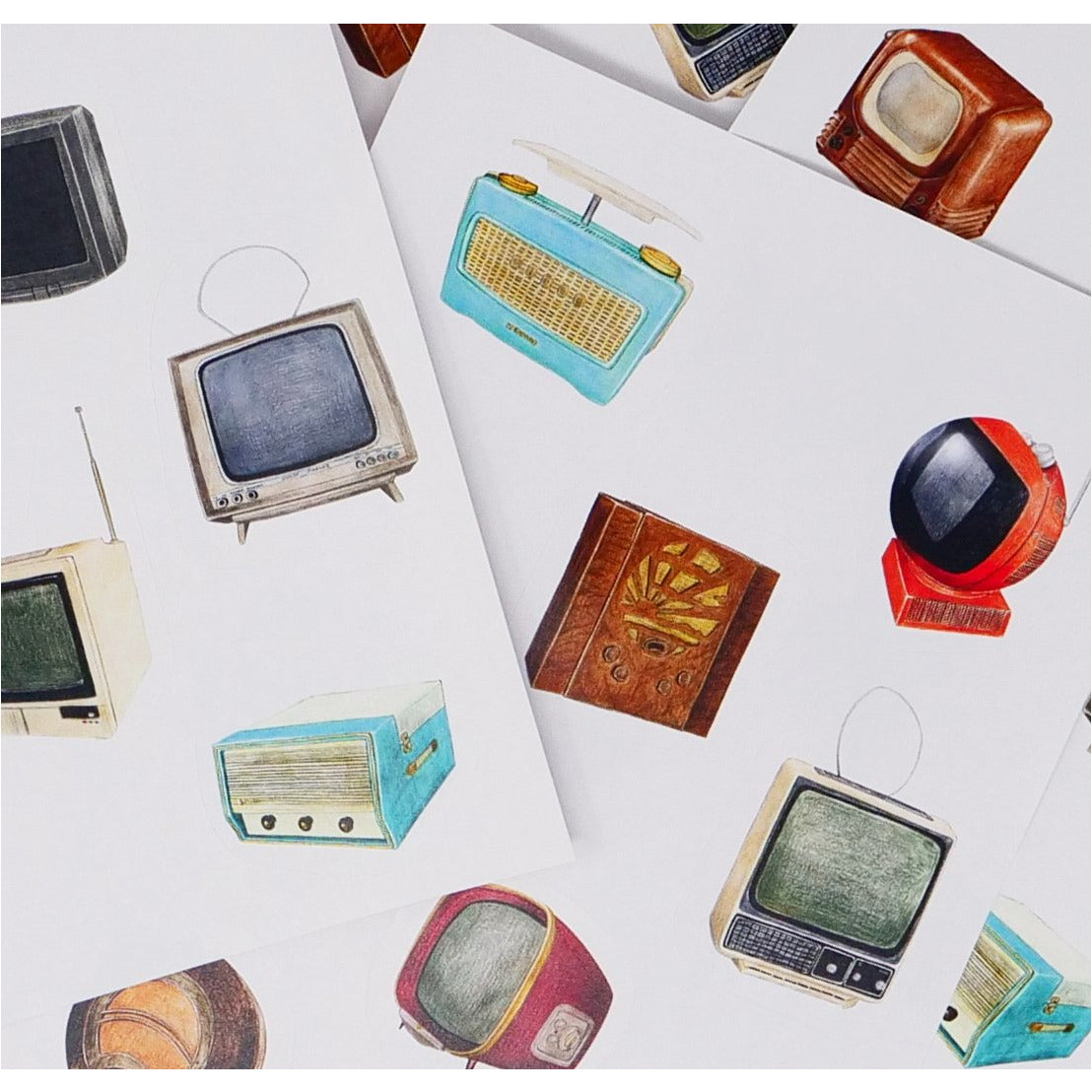 Close up of TV and radio sticker sheets.