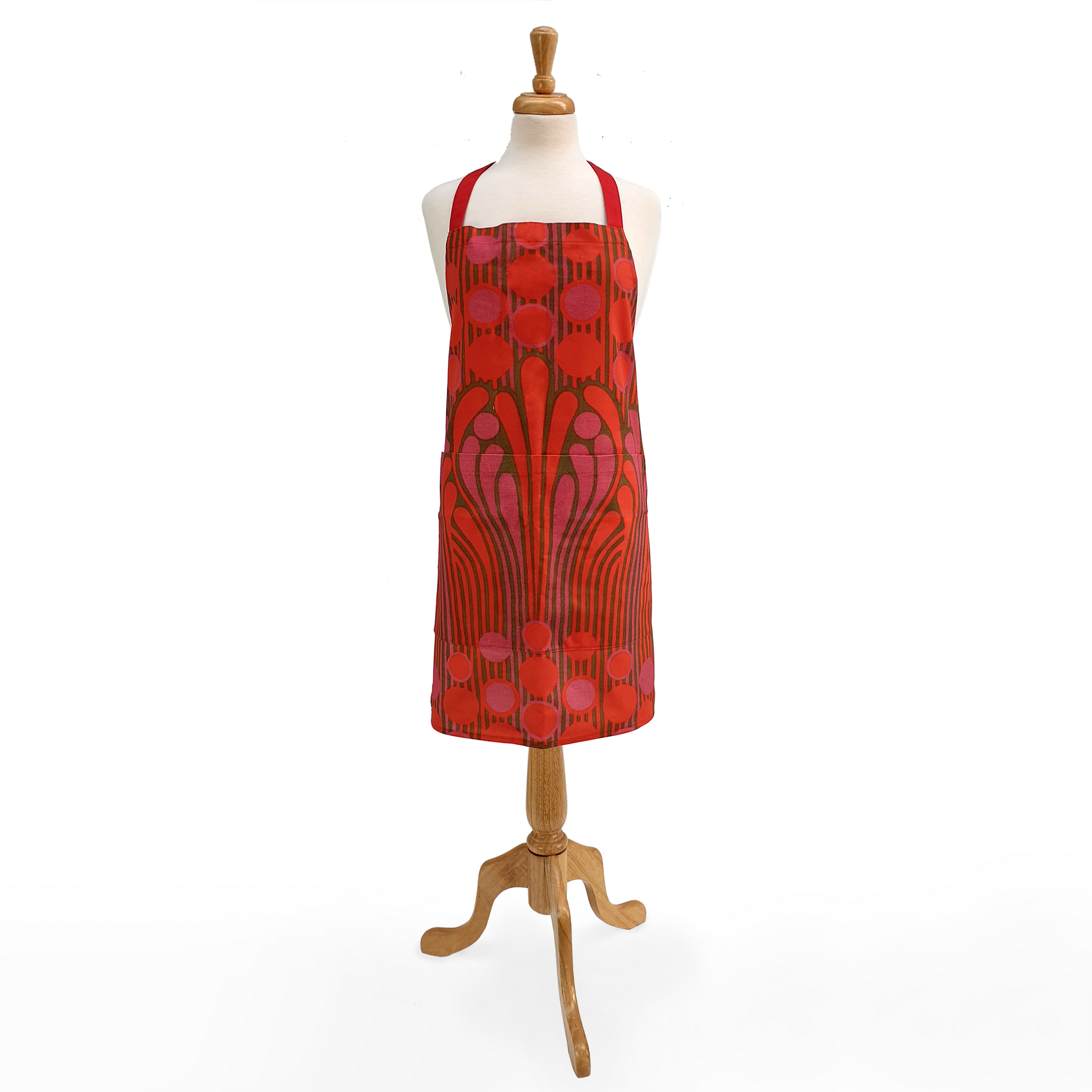 Full length apron with abstract waterfall pattern in red colourway. 