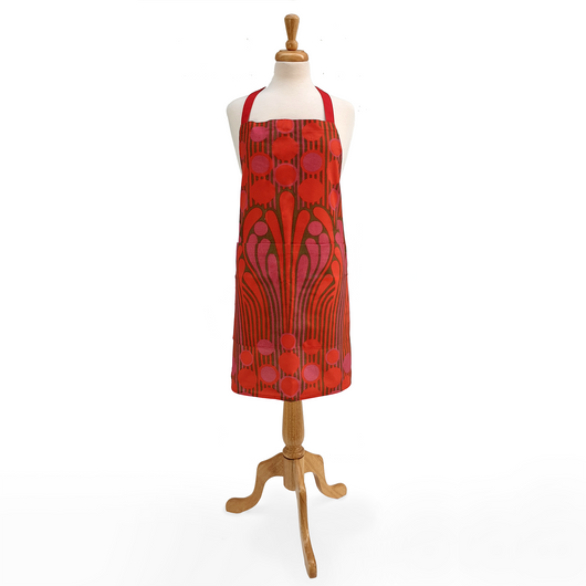 Full length apron with abstract waterfall pattern in red colourway. 