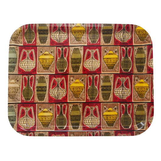 Tray with rectangular shapes with alternating light brown and red backgrounds. In the rectangles there are olive green, yellow and off-white vases and amphora.