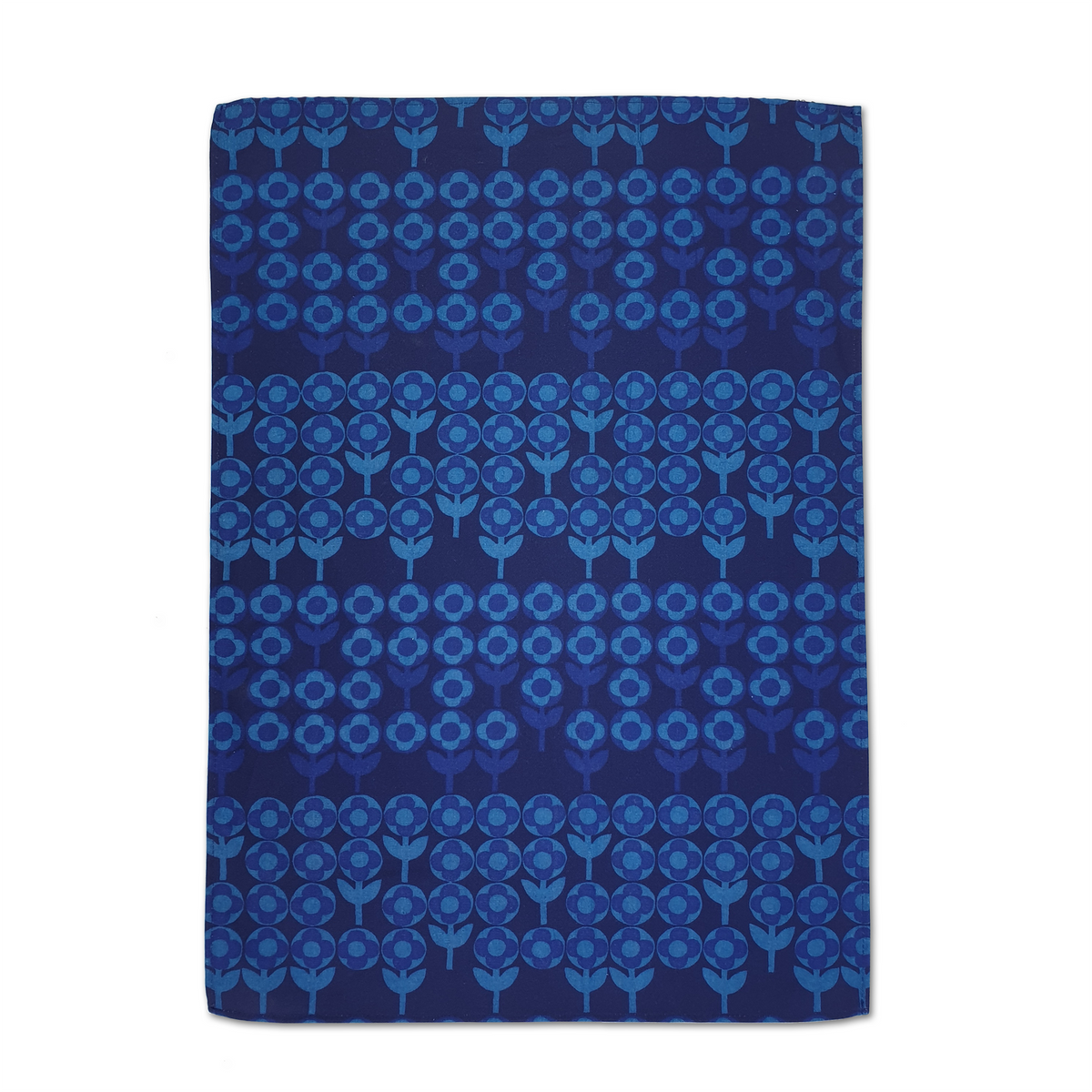 Tea towel with abstract verdure pattern in blue colourway. 