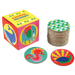 Animal Memory game; colourful disks with patterns and animals are seen next to a box labelled 'Animal Memory'. 