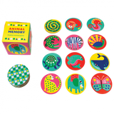 Animal Memory game; colourful disks with patterns and animals are seen next to a box labelled 'Animal Memory'. 