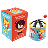 Animal music box with box; music box is printed in bright colours with cartoon animals. Box features bright colours and pictures of animals; text reads "Winding Tin Toy Musical Box".