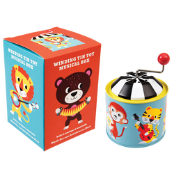 Animal music box with box; music box is printed in bright colours with cartoon animals. Box features bright colours and pictures of animals; text reads 