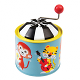 Music box with hand grinder; music box is printed with cartoon animals in bright colours. 