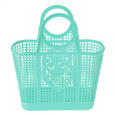 An aqua blue plastic bag with round handles. The basket got open squares and a heart shaped detail in the middle.