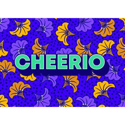 Blue postcard with purple, orange and yellow details. Cheerio reads in big green text.