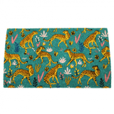 Green and yellow doormat with illustrated cheetahs.
