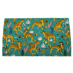 Green and yellow doormat with illustrated cheetahs.