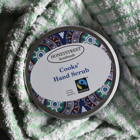 Cooks' hand scrub. Label reads "Honeystreet handmade" and features a fairtrade sticker.