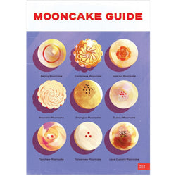 A print with a blue background showing nine different styles of mooncakes, and on the top with red text it reads: 